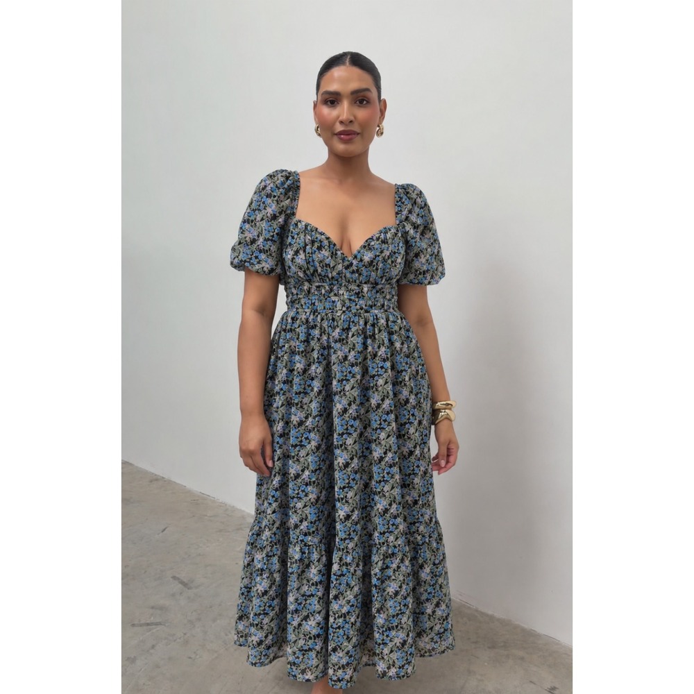 ASTR Maxi Midi Dress Black Floral XL Puff Sleeve Sweetheart Neckline Cottagecore